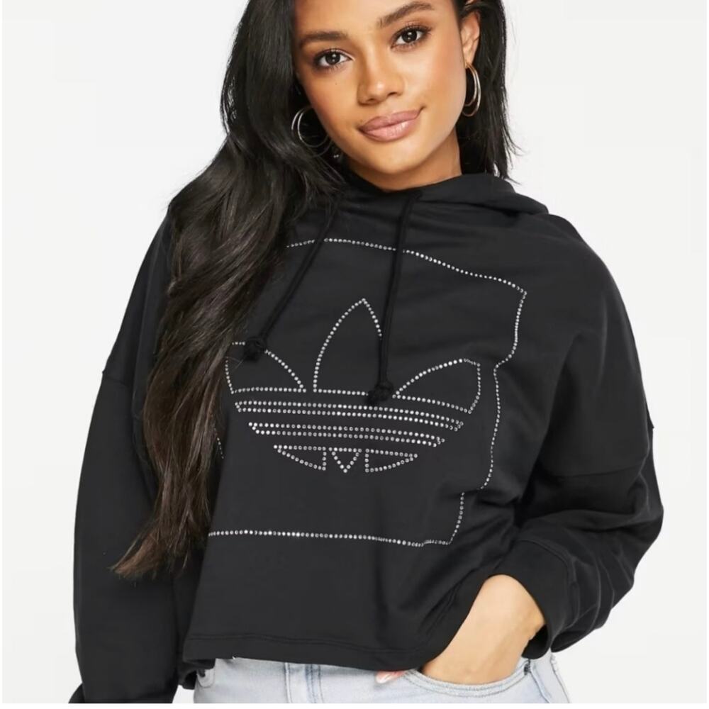 Adidas Cropped Hoodie Large Black Rhinestone Trefoil Logo Oversized Sweatshirt